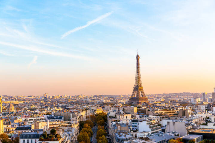 Paris cityscape with Eiffel Tower at sunset, Ile-de-France, France